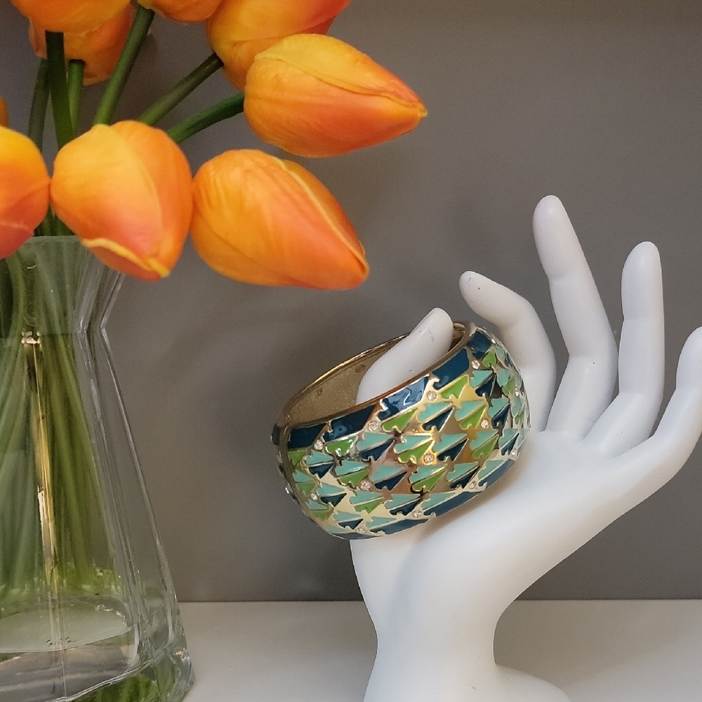 Bangle Teal Gold Green Crystal Multicolor Enamel Bracelet Hinged